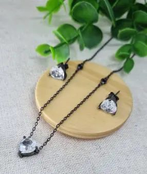 Conjunto colar coração e brinco coração Ródio Negro
